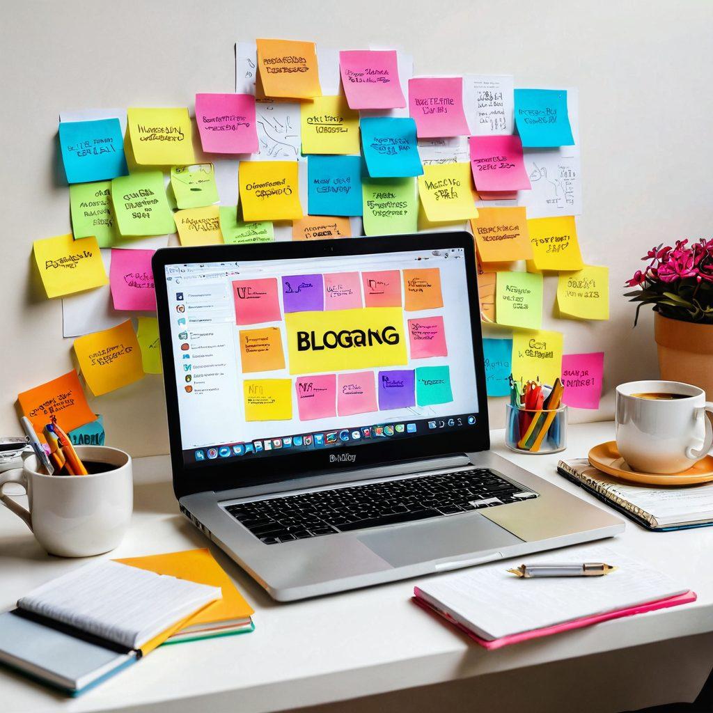 A vibrant digital workspace with a glowing laptop displaying a blog interface, surrounded by colorful sticky notes and books on blogging and digital marketing strategies. Include an open notebook with creative ideas written and a coffee cup brimming with energy. The background should depict a bright and inspiring environment with motivational quotes on the walls. super-realistic. vibrant colors. white background.