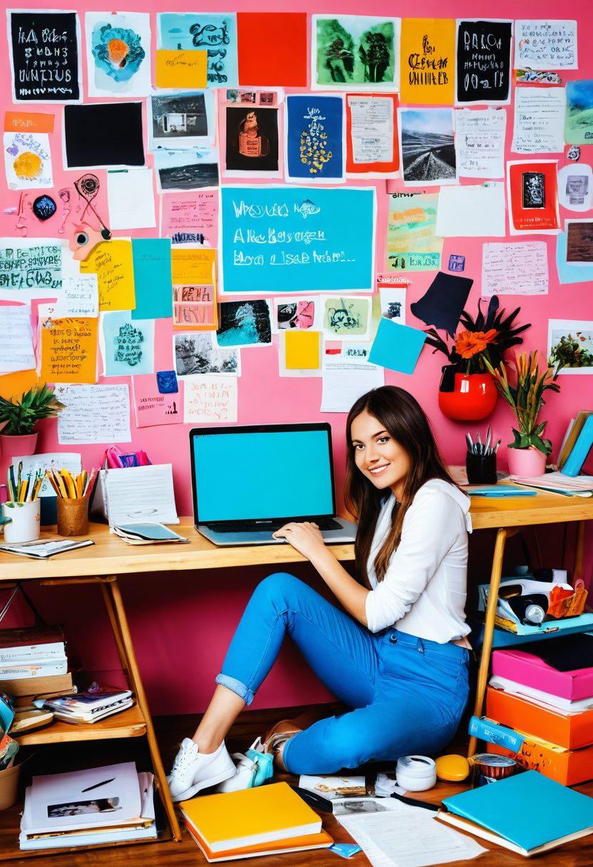 A vibrant scene depicting a person joyfully working on their blog, surrounded by colorful notebooks, a laptop with a blogging website on the screen, and inspirational quotes on the wall. Include elements symbolizing various hobbies like painting supplies, a guitar, and cooking utensils around them. The background should be bright and inviting, reflecting a creative workspace. super-realistic. vibrant colors. 3D.