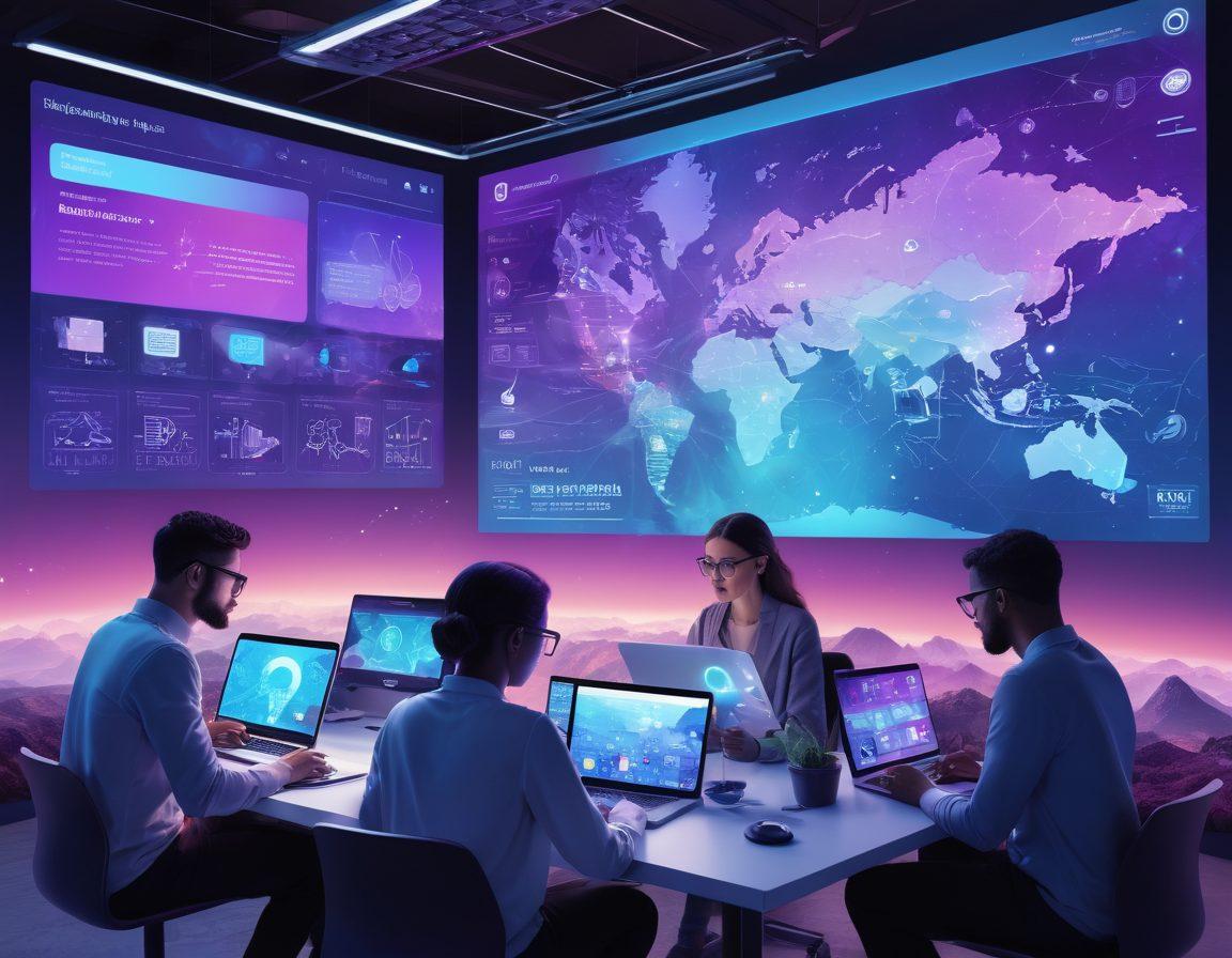 A futuristic landscape showcasing a digital map filled with vibrant icons representing various content types like blogs, videos, and podcasts. In the foreground, a diverse group of people are collaborating, using laptops and tablets, while holographic elements display graphs and analytics. The sky is a blend of deep blues and purples, enhanced with glowing digital motifs. super-realistic. vibrant colors. 3D.